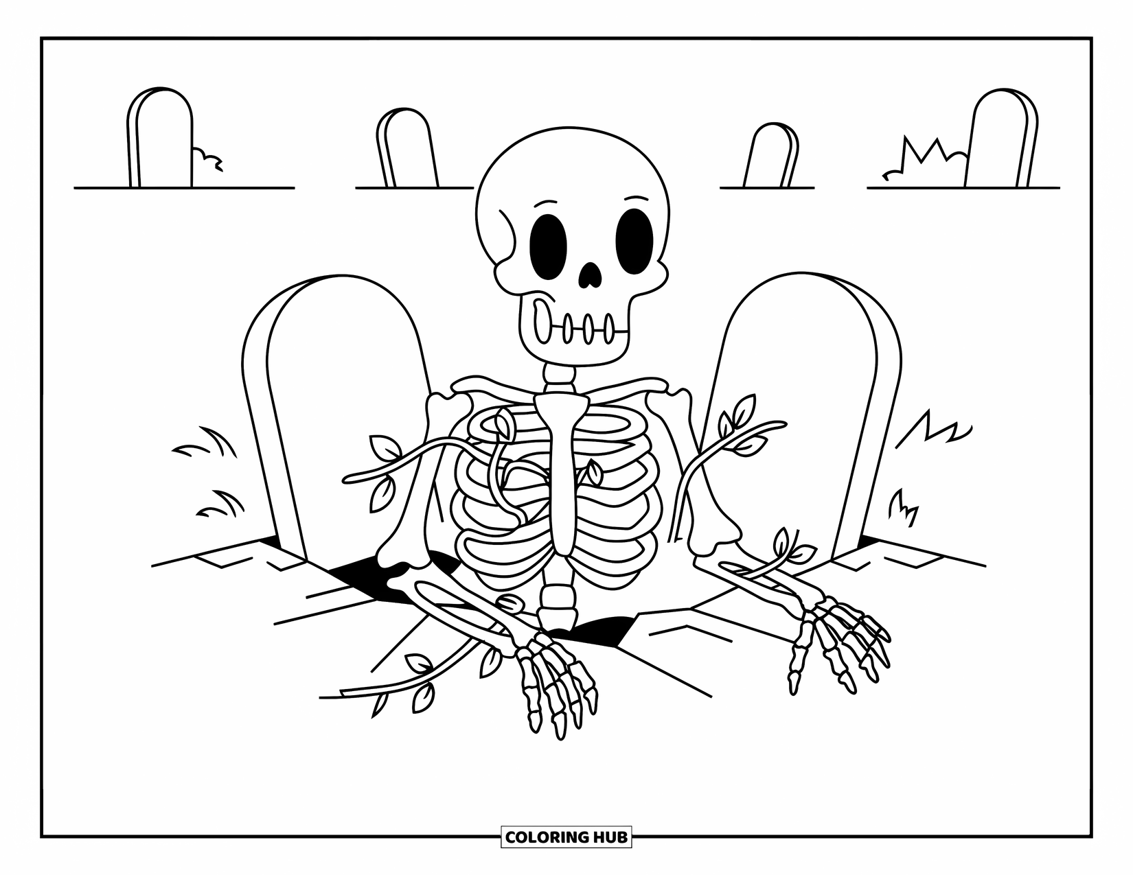 Skeleton Coloring Page for Adults: A skeleton rises from a broken grave wrapped in winding vines in a moonlit cemetery