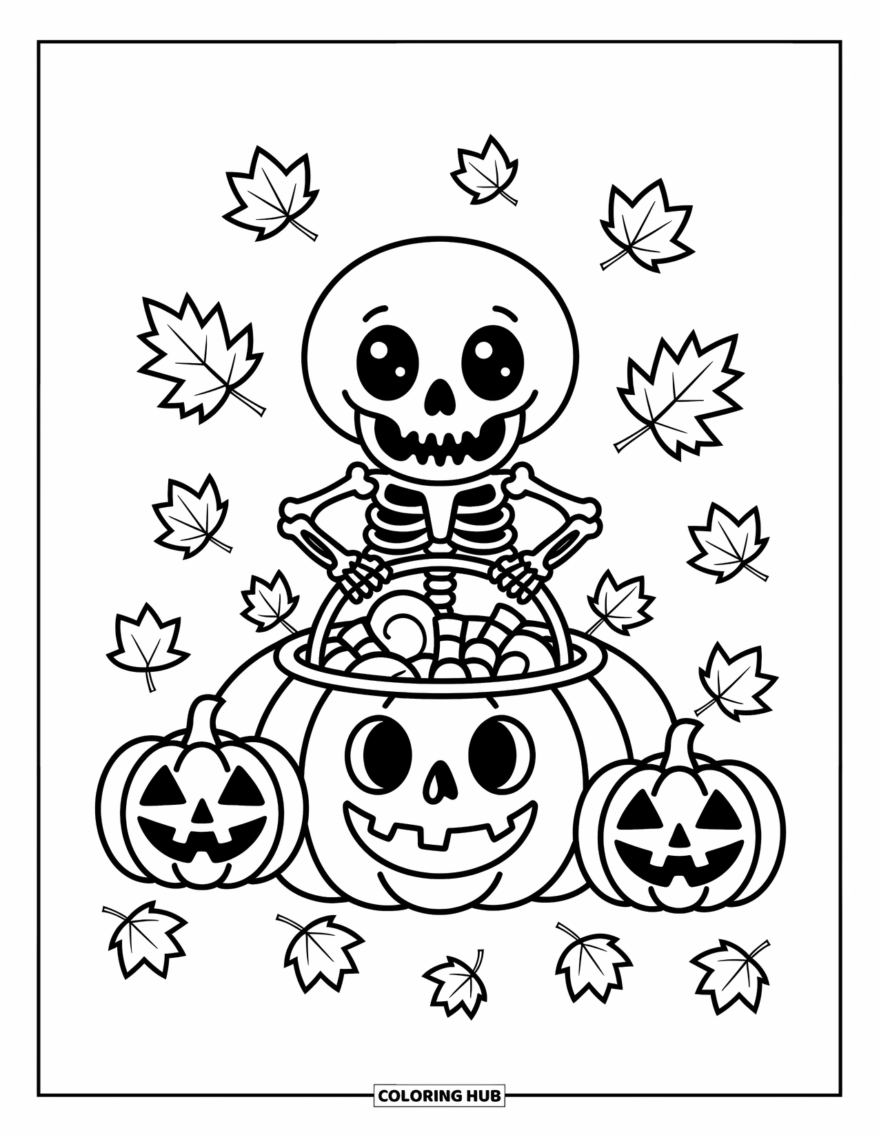 Skeleton Coloring Page for Adults: Cheerful skeleton in a pumpkin patch holding treats among carved jack-o'-lanterns