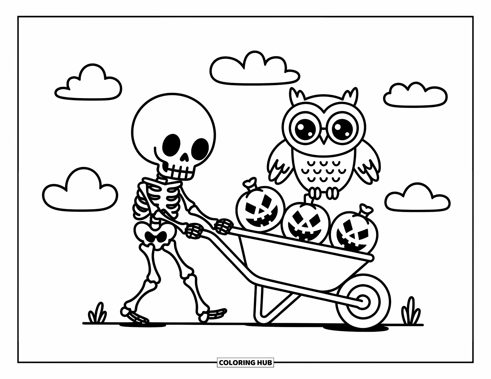 Skeleton Coloring Page for Adults: Cute skeleton pushing a cart of pumpkins and candy under fluffy clouds