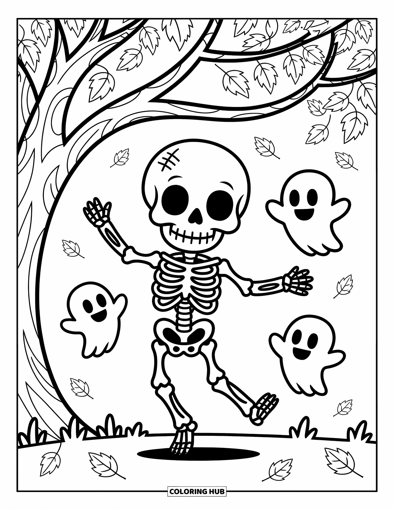 Skeleton Coloring Page for Adults: Happy skeleton spinning under autumn leaves with two playful ghosts