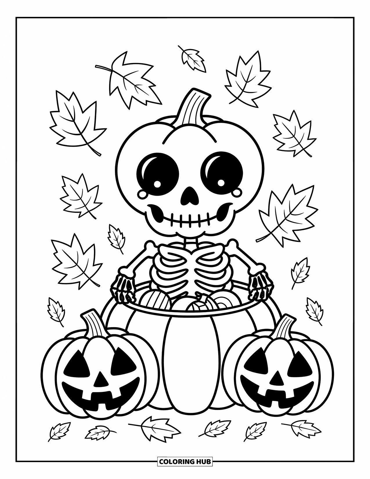 Skeleton Coloring Page for Adults: Happy skeleton with a candy bucket in a pumpkin patch surrounded by autumn leaves