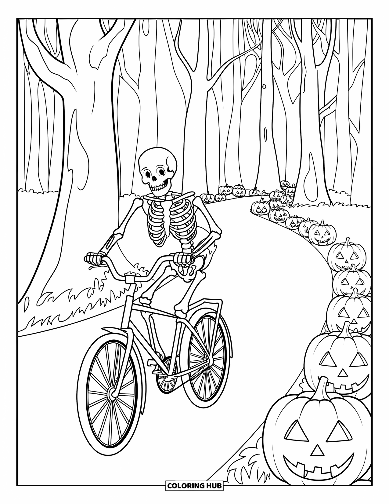 Skeleton Coloring Page for Adults: Jack-o'-lanterns line a forest path as a skeleton rides a vintage bicycle through the trees