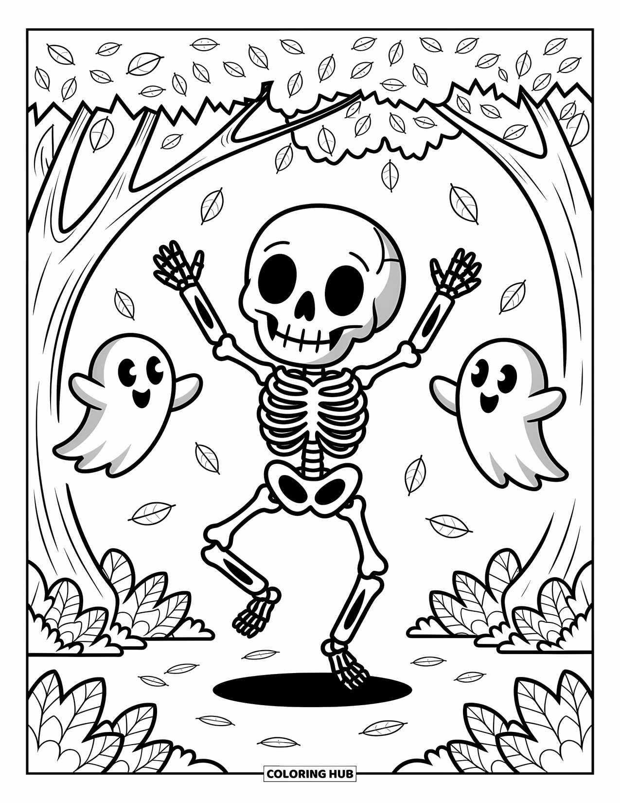 Skeleton Coloring Page for Adults: Skeleton dancing in the forest with swirling leaves and cute little ghost pals