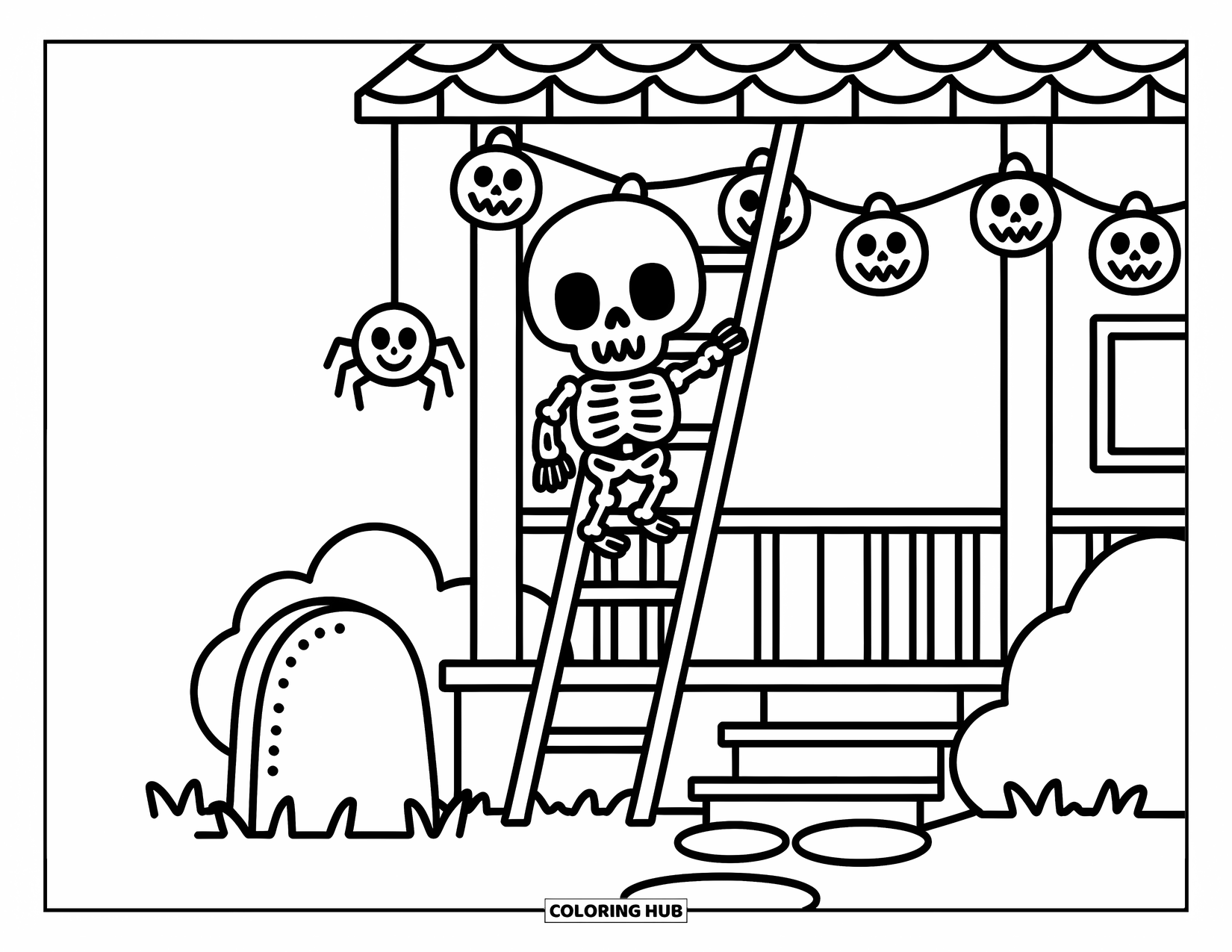 Skeleton Coloring Page for Adults: Skeleton decorating porch with lights, gravestone, and soft, round bushes