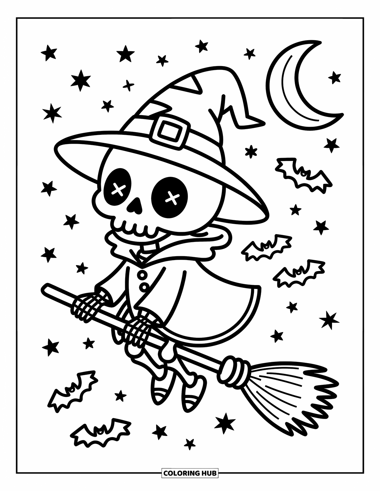 Skeleton Coloring Page for Adults: Skeleton witch soaring past bats and stars with candy trailing behind