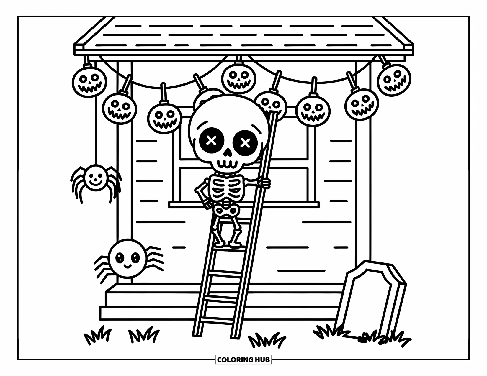 Skeleton Coloring Page for Adults: Smiling skeleton on a ladder hanging ghost lights with a spider and tombstone below
