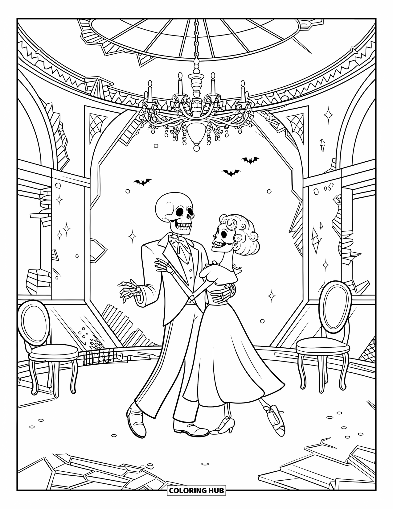 Skeleton Coloring Page for Adults: The ballroom crumbles as a skeletal couple dances beside a piano and cracked walls