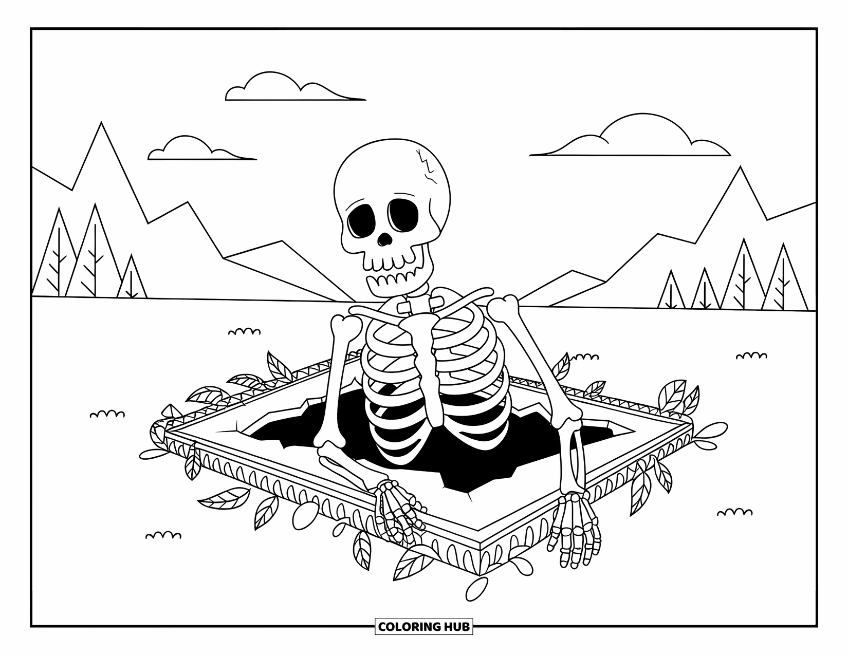 Skeleton Coloring Page for Adults: Vines curl around a skeleton's ribs as it emerges from a cracked grave near the mountains