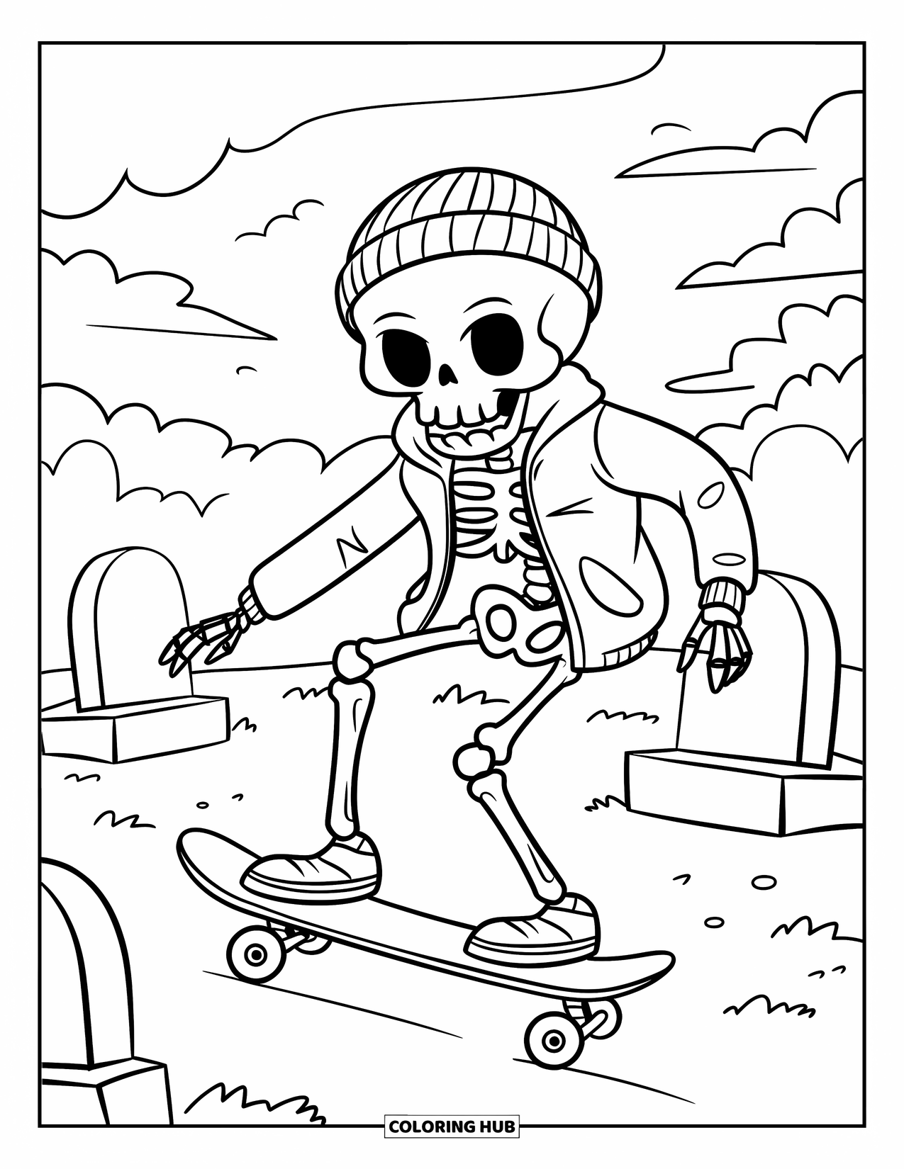Skeleton Coloring Page for Kids: Beanie-wearing skeleton skateboarding past cloudy tombstones