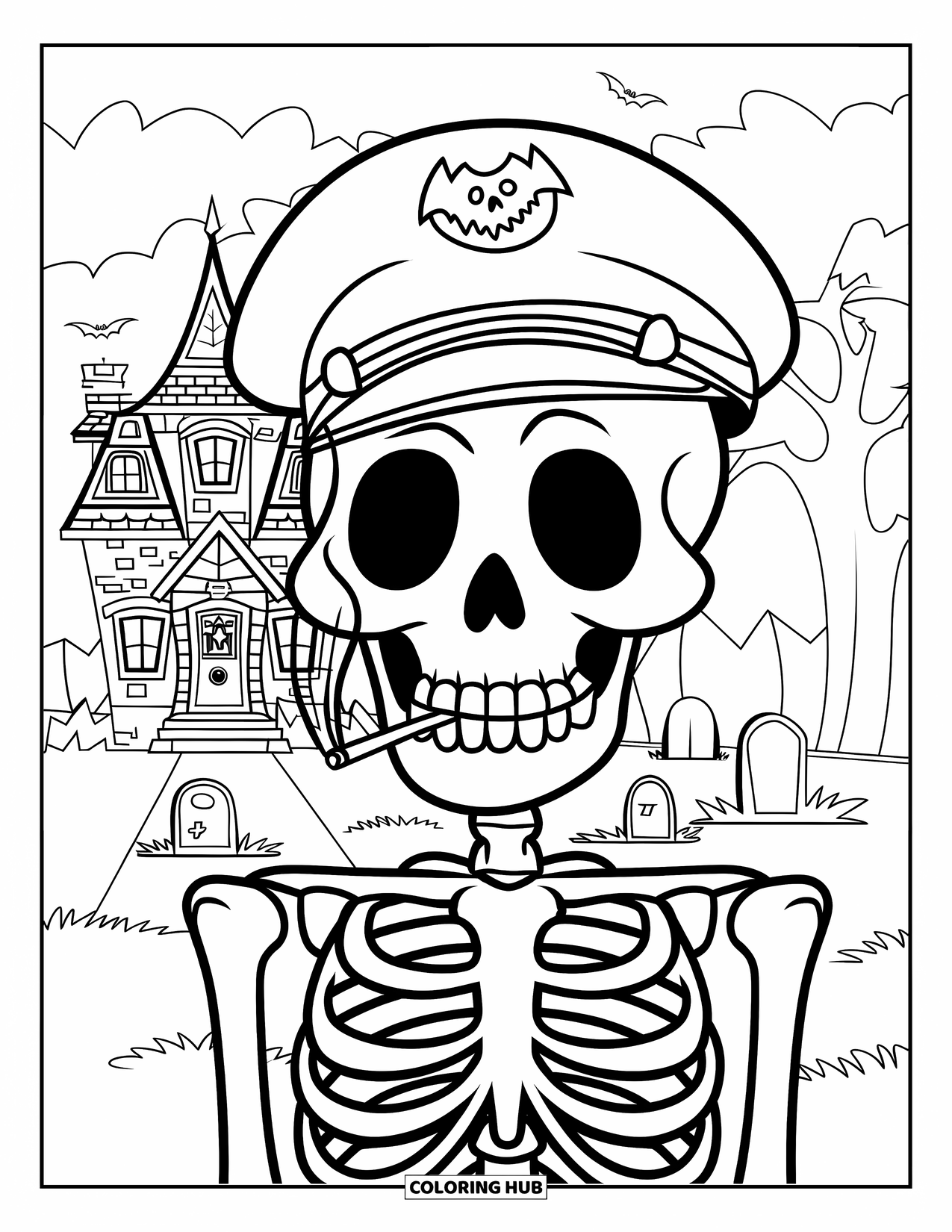 Skeleton Coloring Page for Kids: Captain skeleton taking a selfie near tombstones and lightning