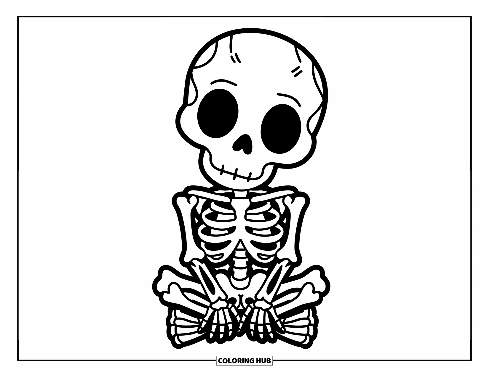 Skeleton Coloring Page for Kids: Cheerful skeleton in a calm pose with a simple background