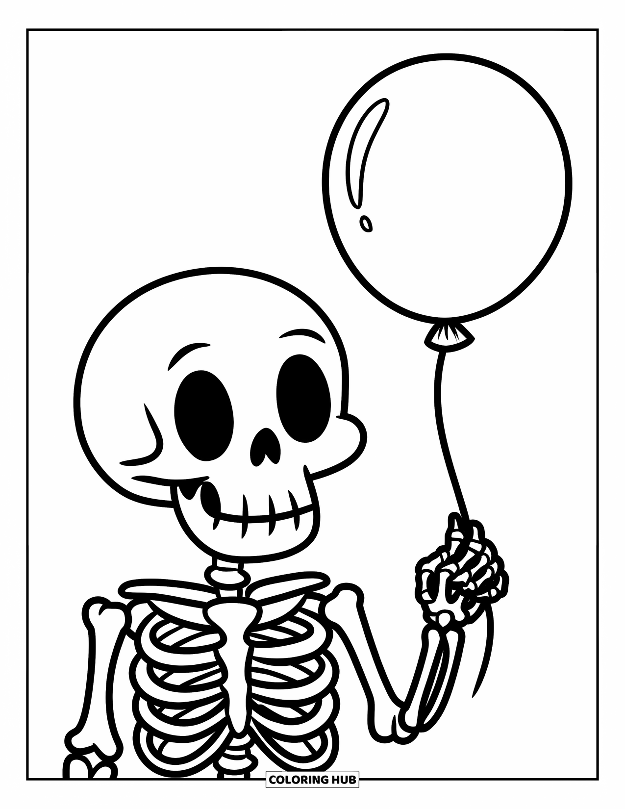 Skeleton Coloring Page for Kids: Cheerful skeleton with a balloon and simple, bold outlines