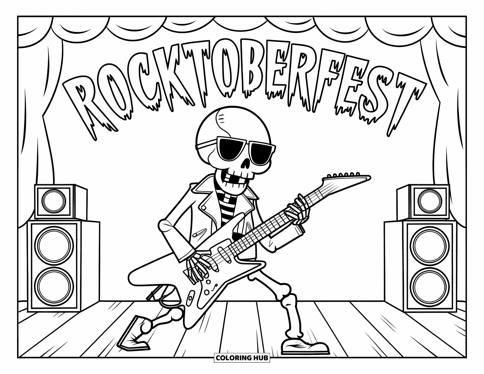 Skeleton Coloring Page for Kids: Cool skeleton with sunglasses playing guitar at "Rocktoberfest"