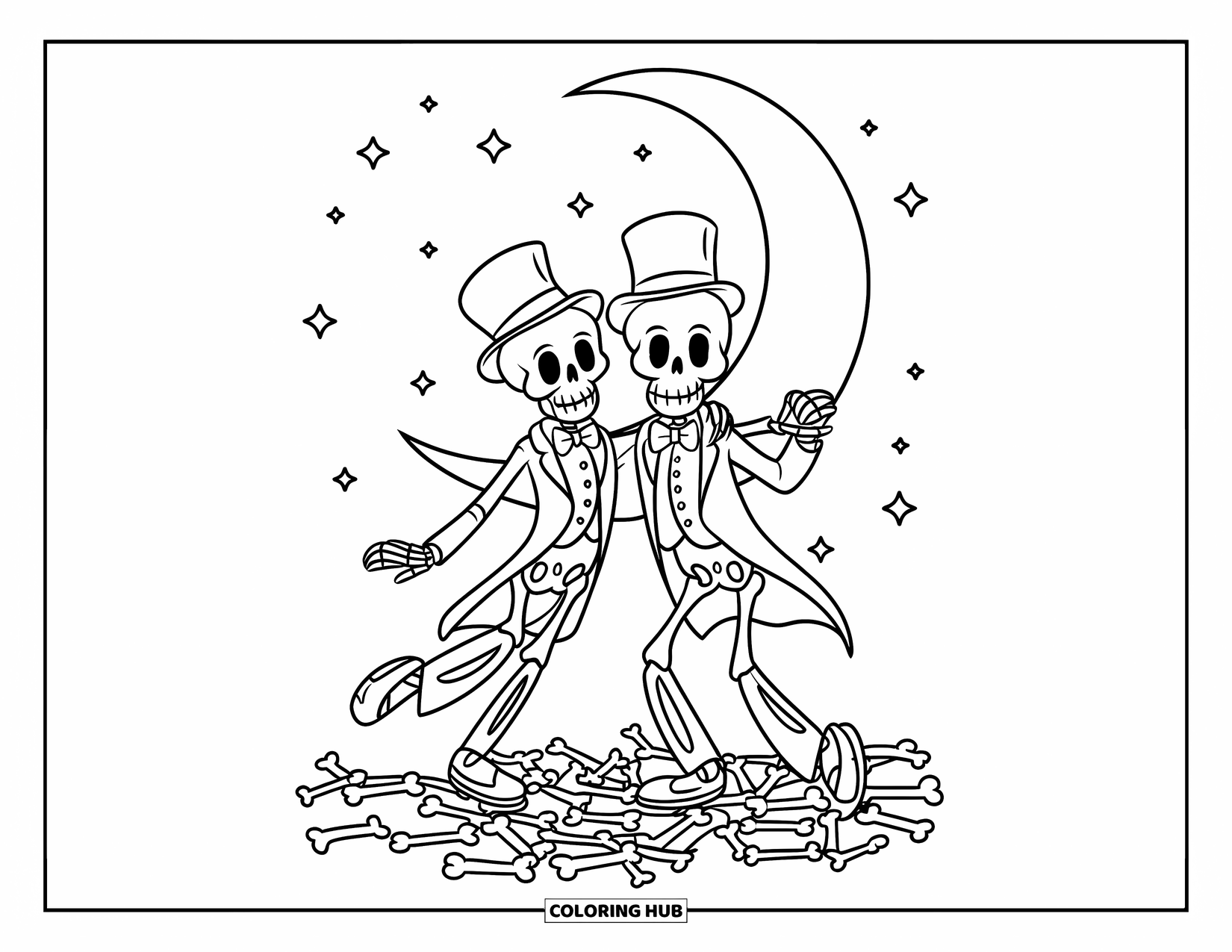 Skeleton Coloring Page for Kids: Dancing skeletons in tuxedos under stars and a boney ground