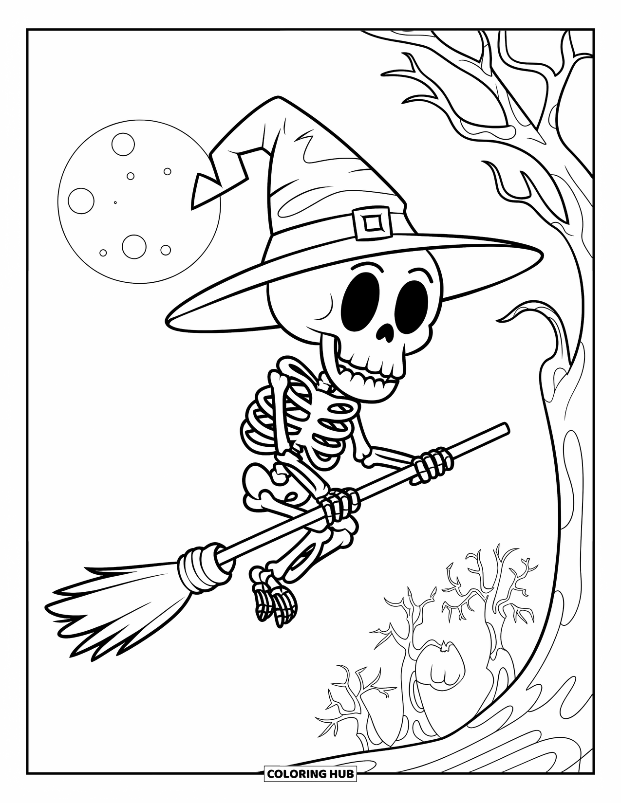Skeleton Coloring Page for Kids: Feathered broomstick skeleton flying across the sky on Halloween night