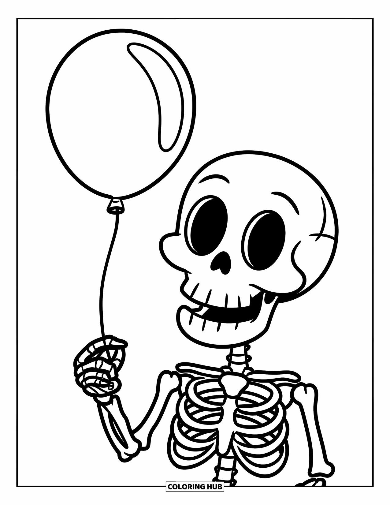 Skeleton Coloring Page for Kids: Happy skeleton holding a balloon with a clean, simple design
