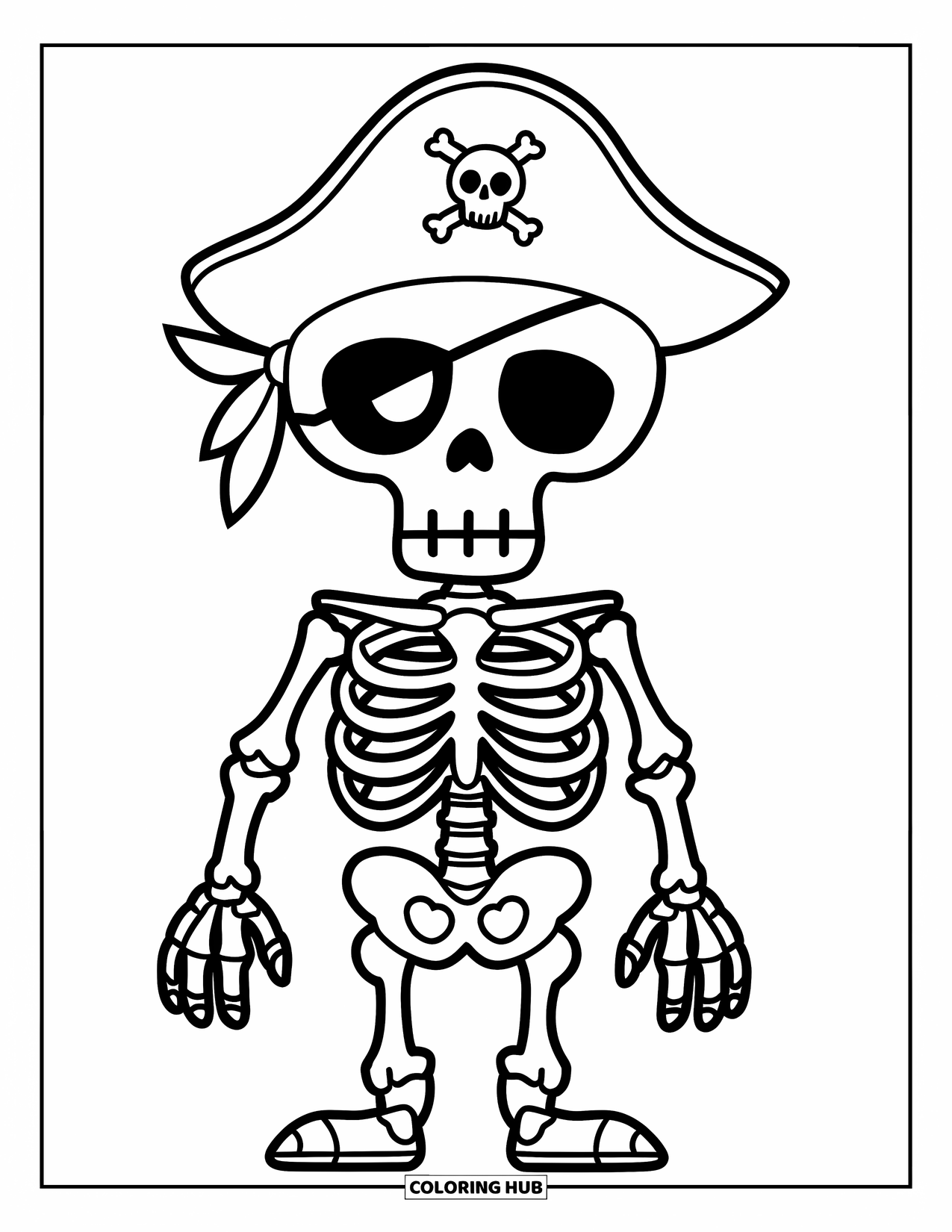 Skeleton Coloring Page for Kids: Pirate-hat skeleton standing happily with a playful, easy-to-color design