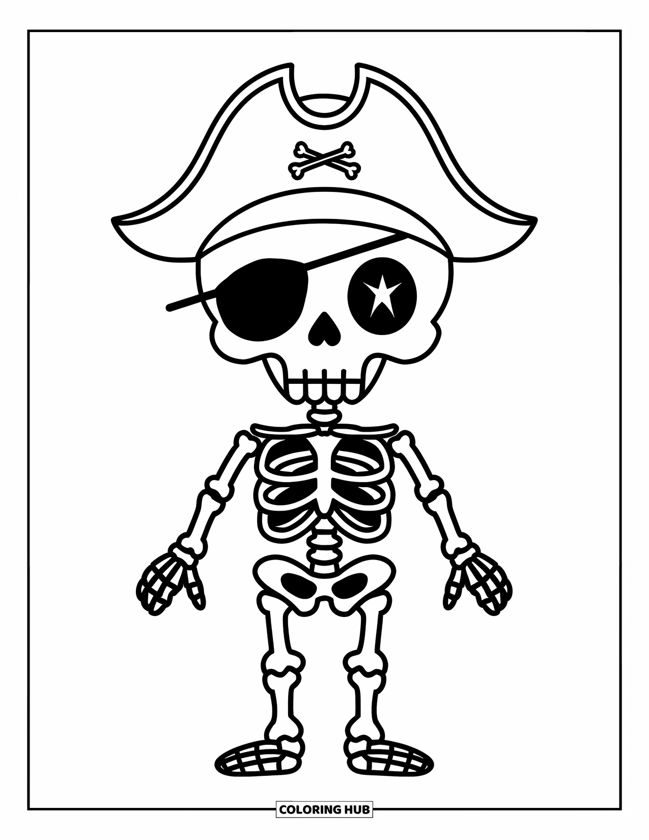 Skeleton Coloring Page for Kids: Simple skeleton in a pirate hat standing still with big coloring sections