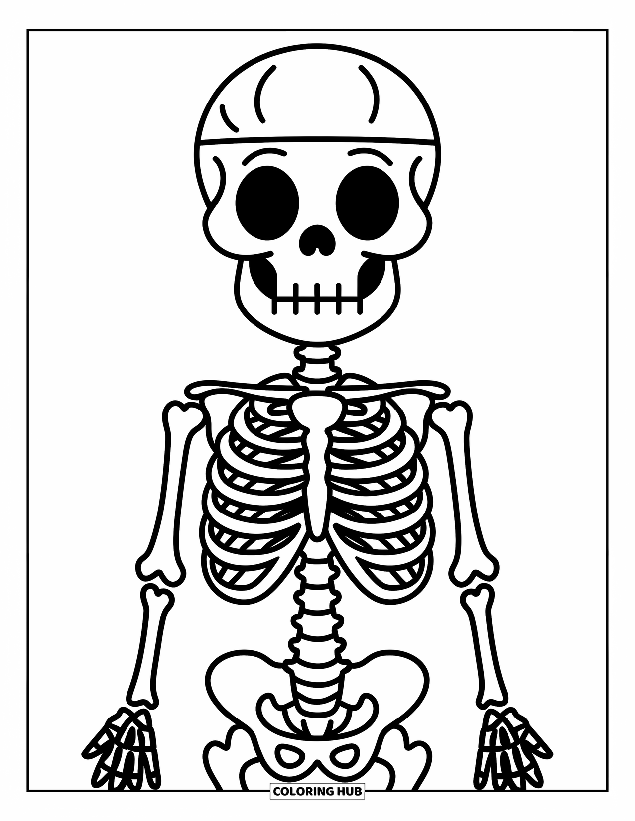 Skeleton Coloring Page for Kids: Simplified human skeleton with each bone clearly separated for easy coloring