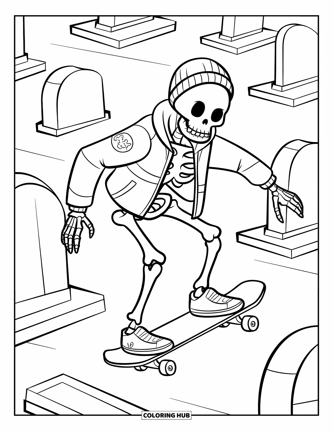 Skeleton Coloring Page for Kids: Skater skeleton in a jacket gliding over tombstones