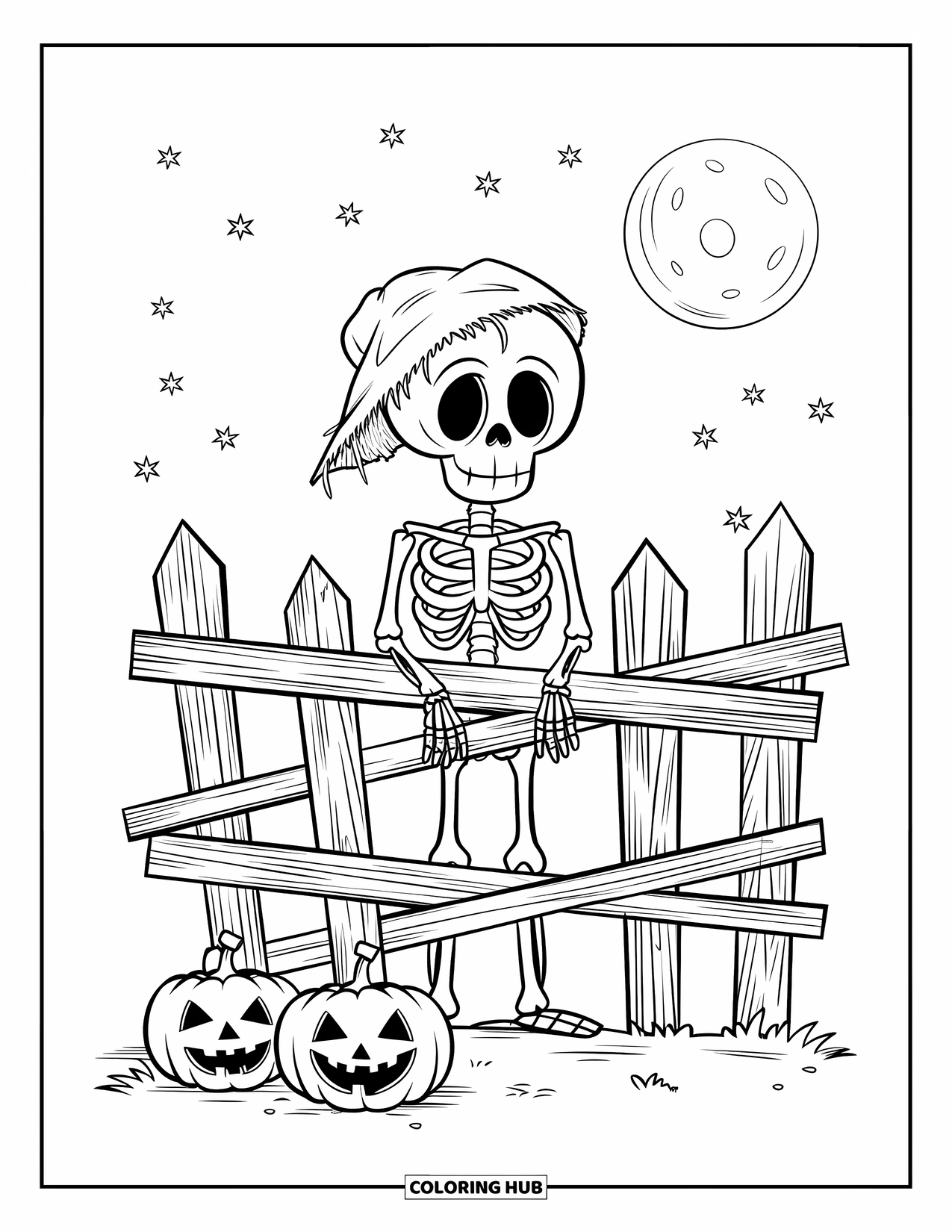Skeleton Coloring Page for Kids: Skeleton in a hat behind a crooked fence under a starry Halloween night