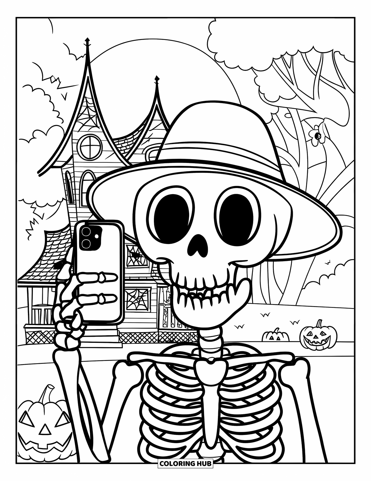 Skeleton Coloring Page for Kids: Skeleton in a hat taking a Halloween selfie by a spooky house