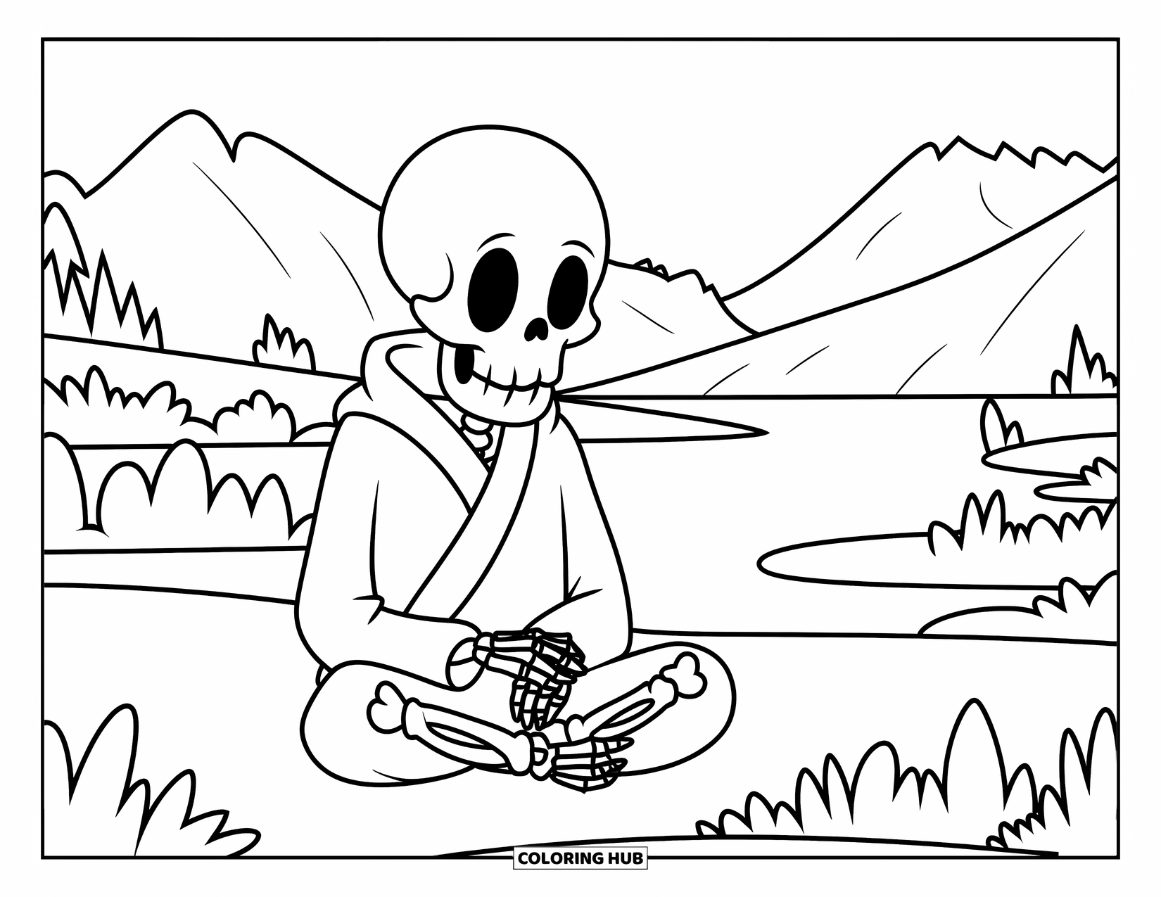 Skeleton Coloring Page for Kids: Skeleton in a robe sitting cross-legged near mountains and water