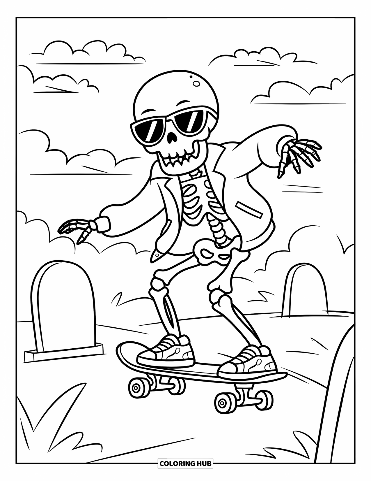 Skeleton Coloring Page for Kids: Skeleton in sunglasses skating through a graveyard scene