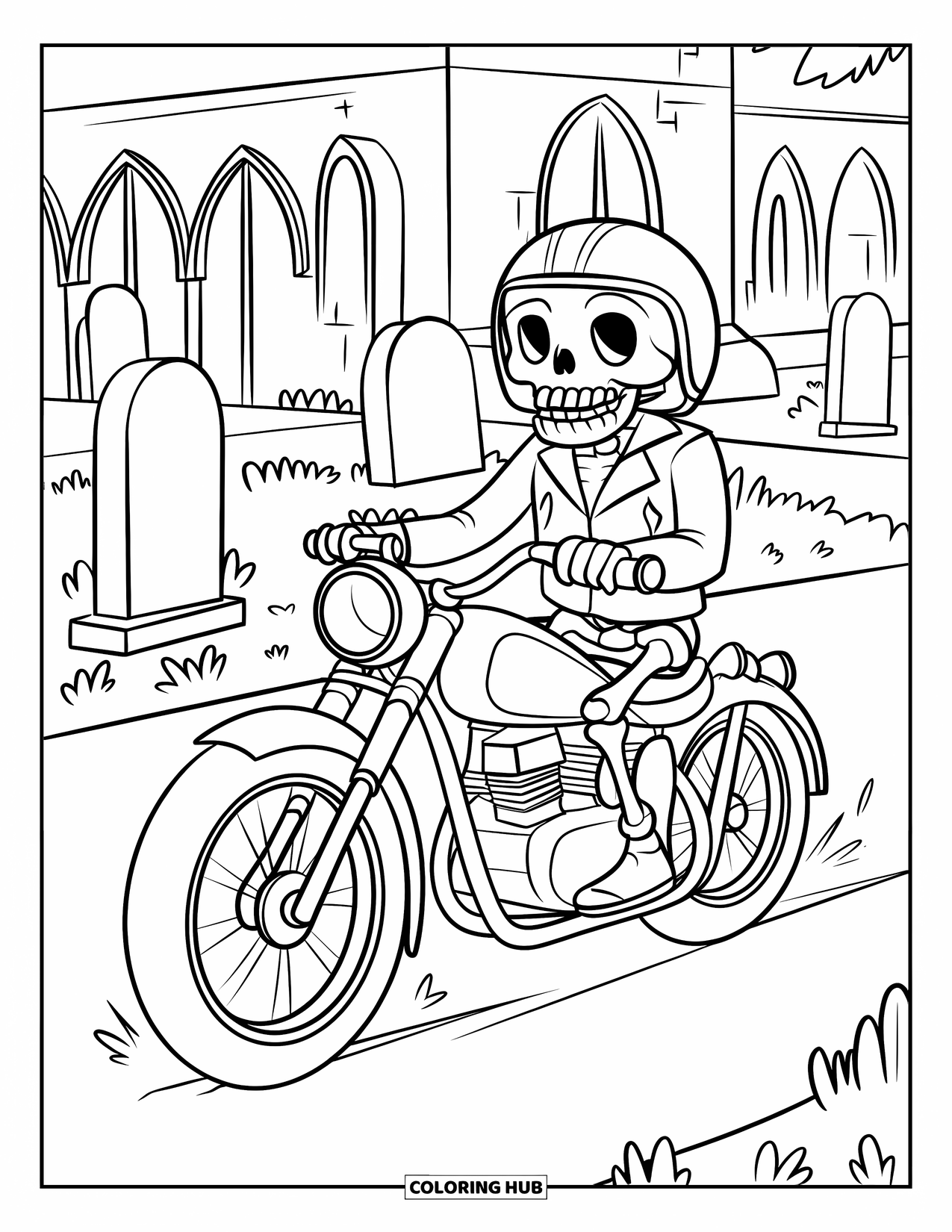 Skeleton Coloring Page for Kids: Skeleton riding a motorbike through a graveyard and gothic arch