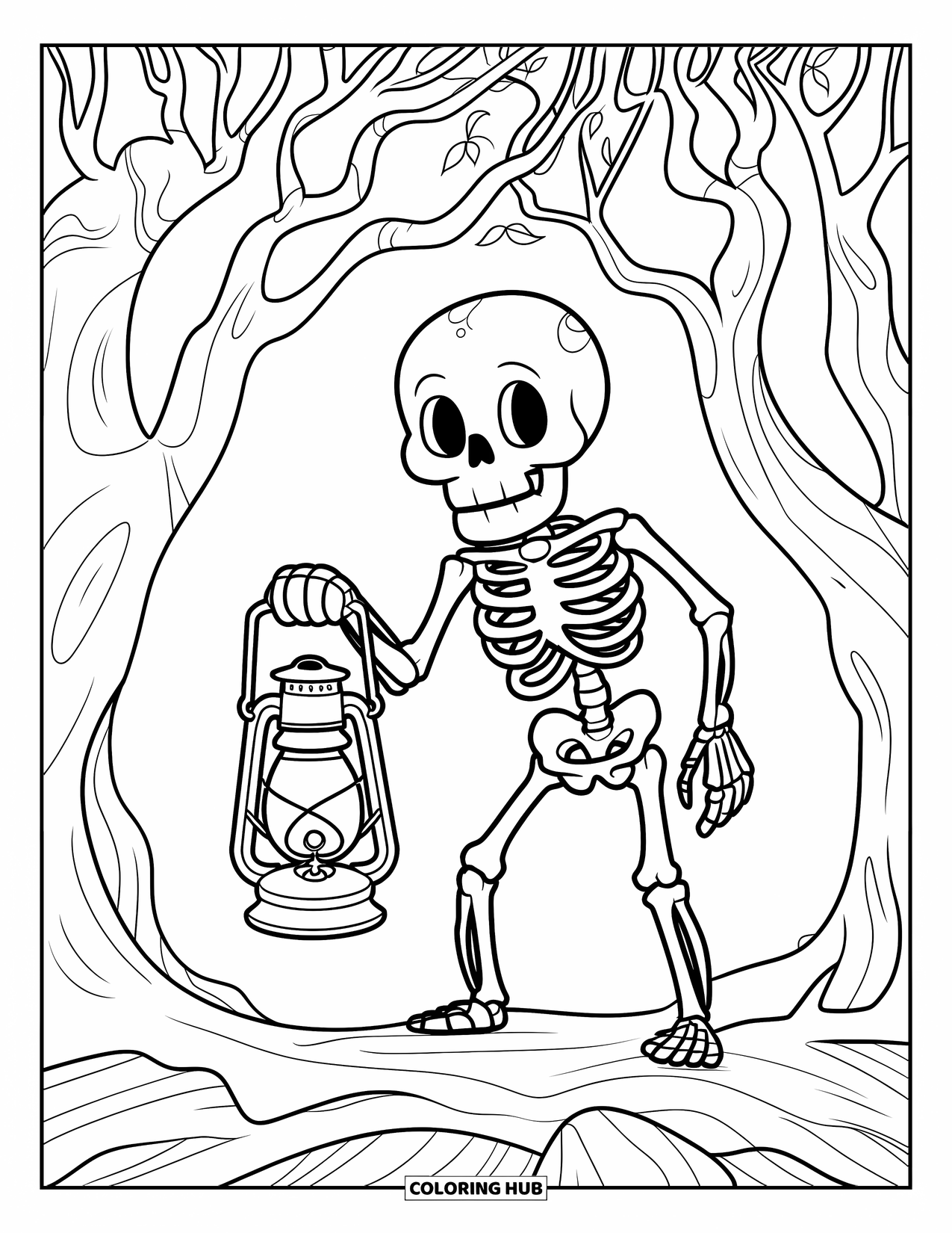 Skeleton Coloring Page for Kids: Skeleton standing on rocks with a lantern among creepy trees