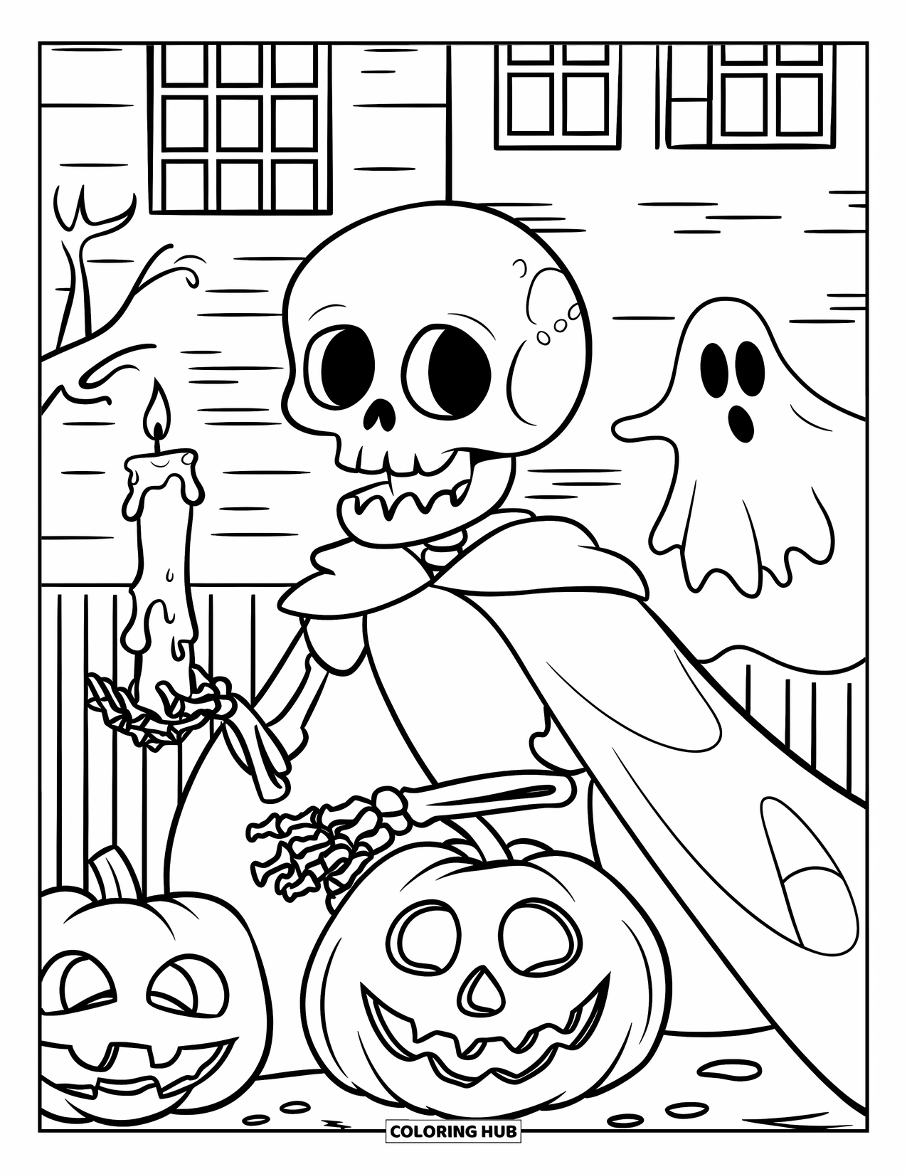 Skeleton Coloring Page for Kids: Skeleton with a cape and candle near a haunted house and ghost