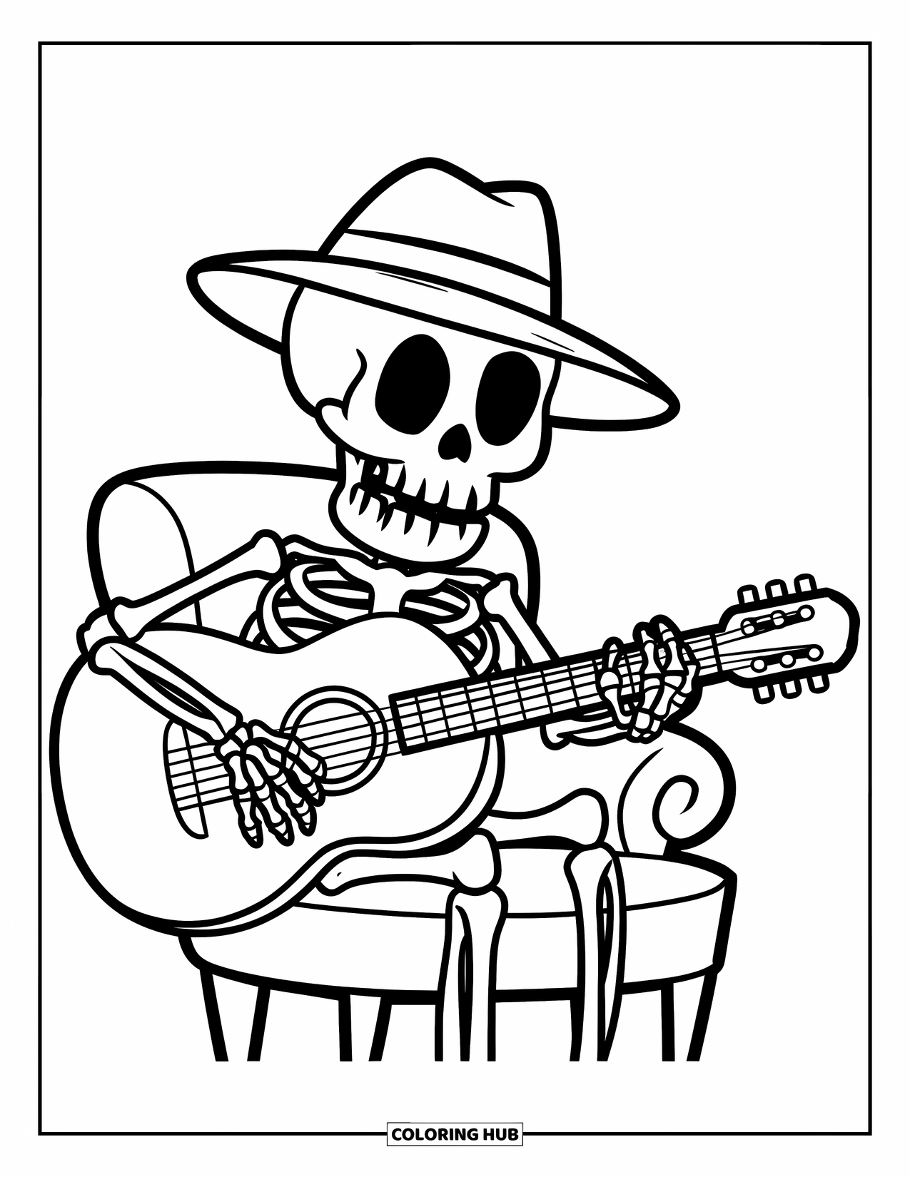 Skeleton Coloring Page for Kids: Skeleton with a hat strumming guitar on a chair