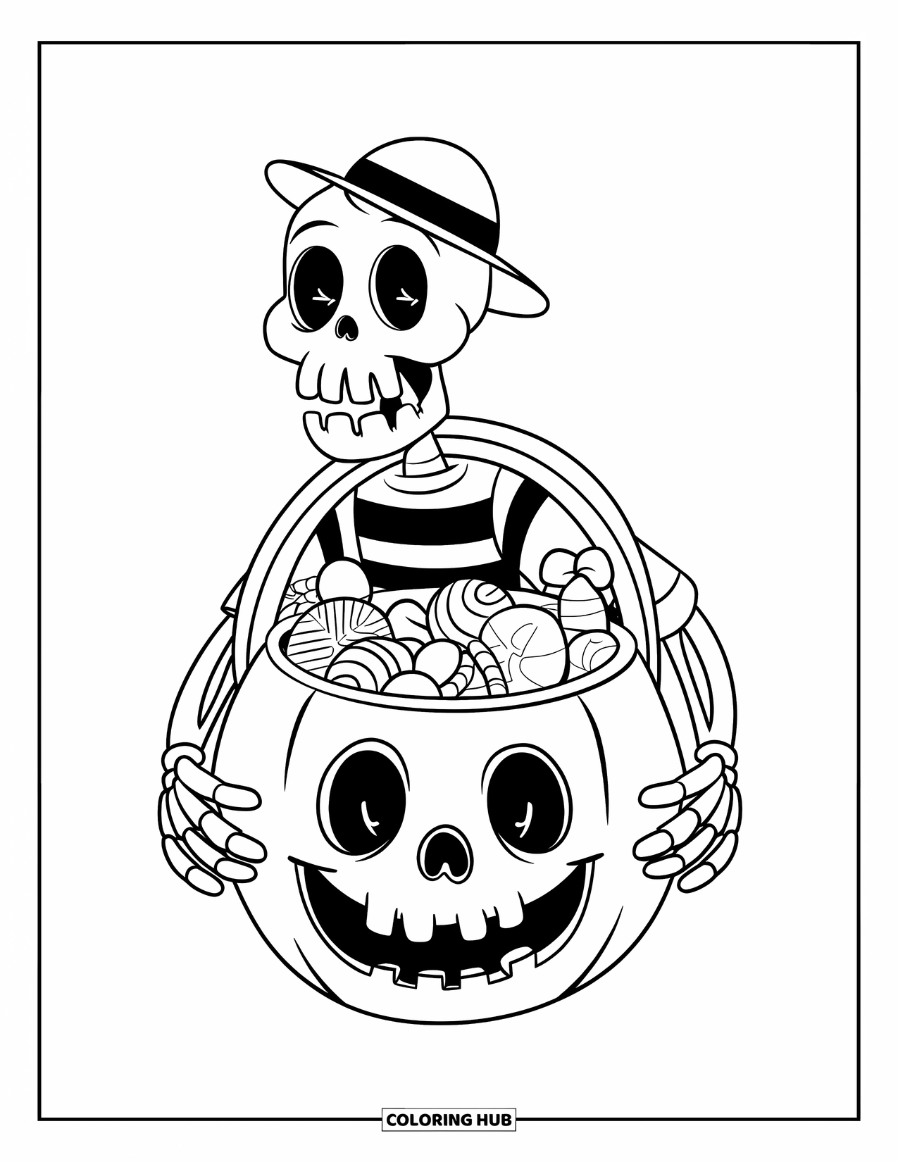 Skeleton Coloring Page for Kids: Skeleton with a striped shirt and hat holding an oversized candy bucket