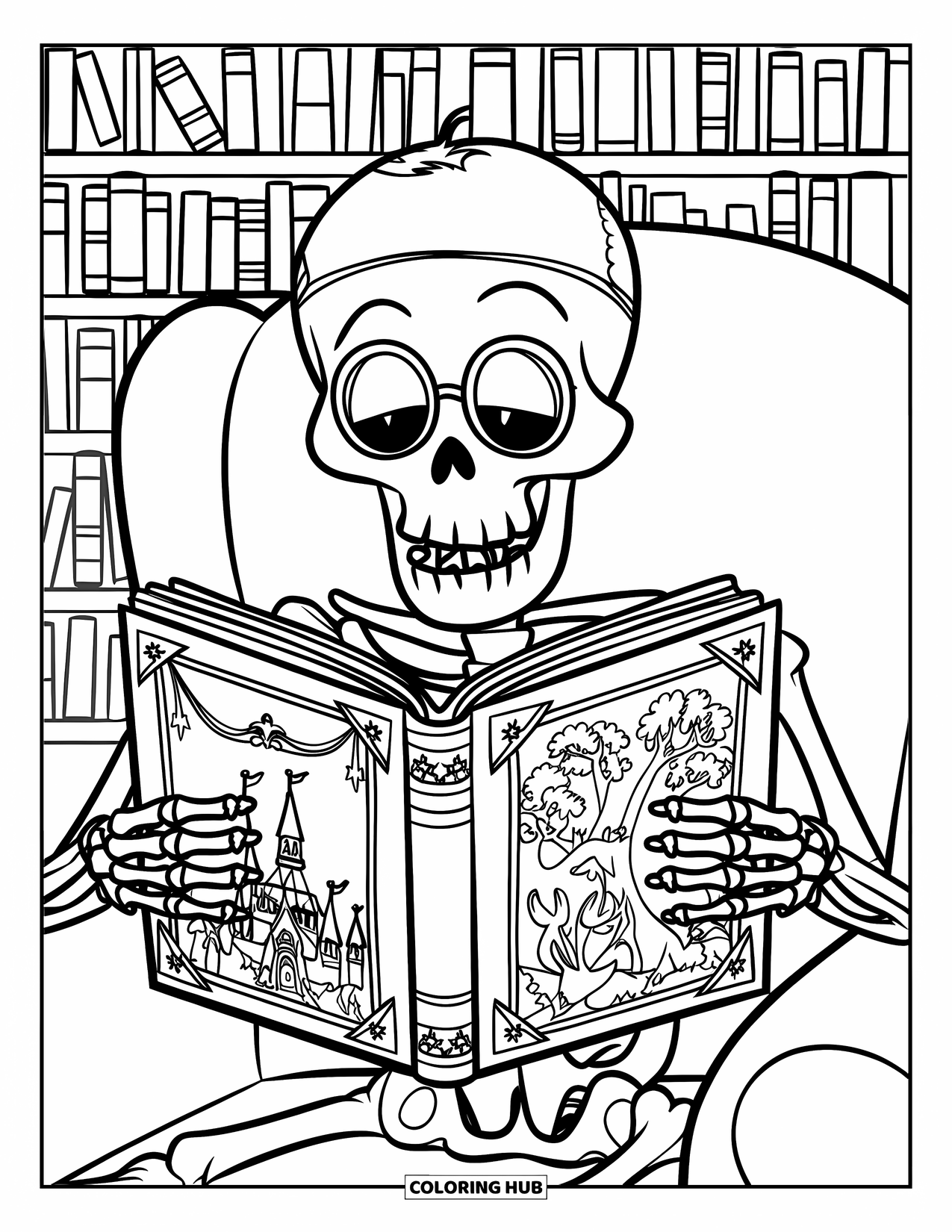 Skeleton Coloring Page for Kids: Skeleton with glasses reading a book with a castle cover in a library