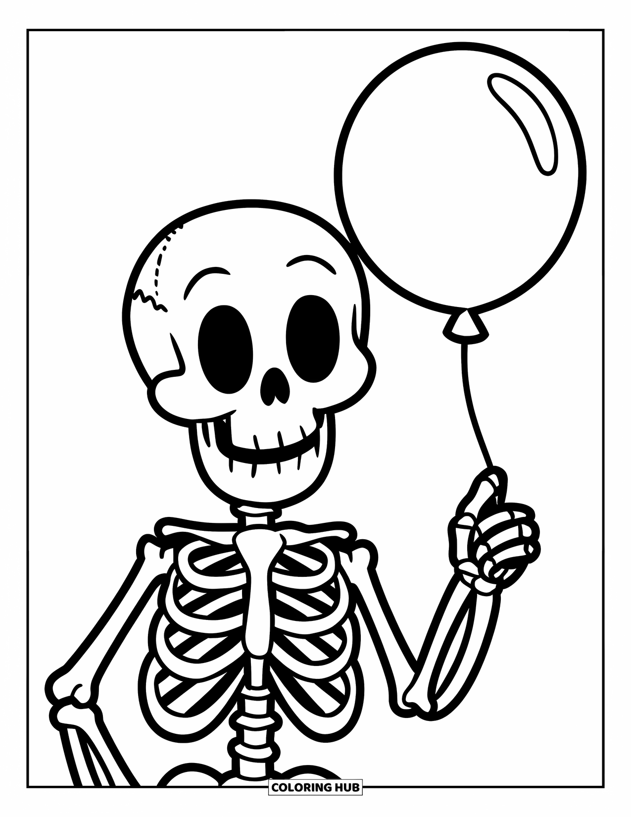 Skeleton Coloring Page for Kids: Smiling skeleton holding a balloon with bold, easy-to-color bones