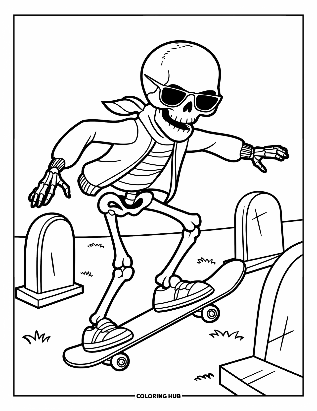 Skeleton Coloring Page for Kids: Stylish skeleton with scarf skating past graveyard tombstones