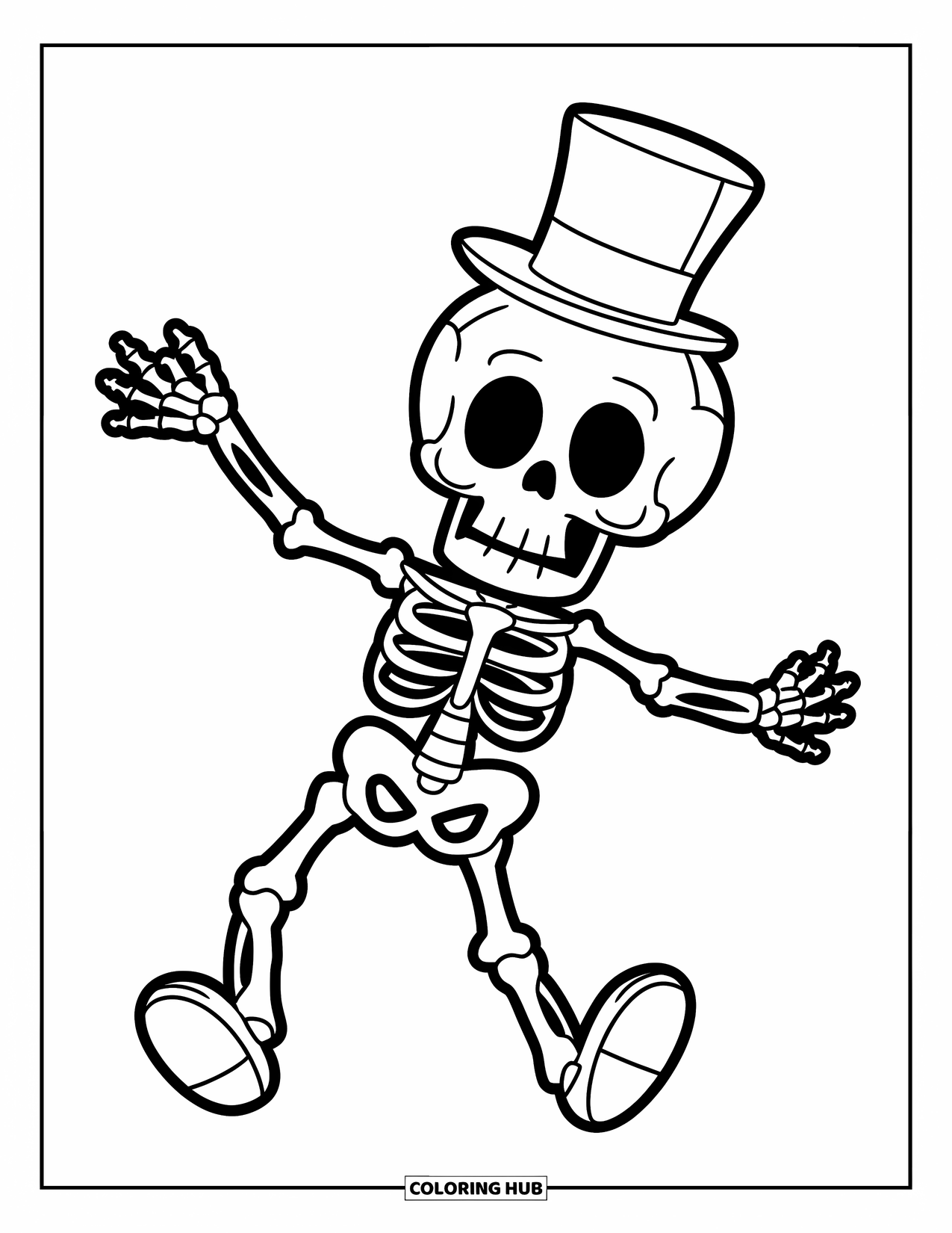 Skeleton Coloring Page for Kids: Top-hat skeleton dancing with arms up on a clean background