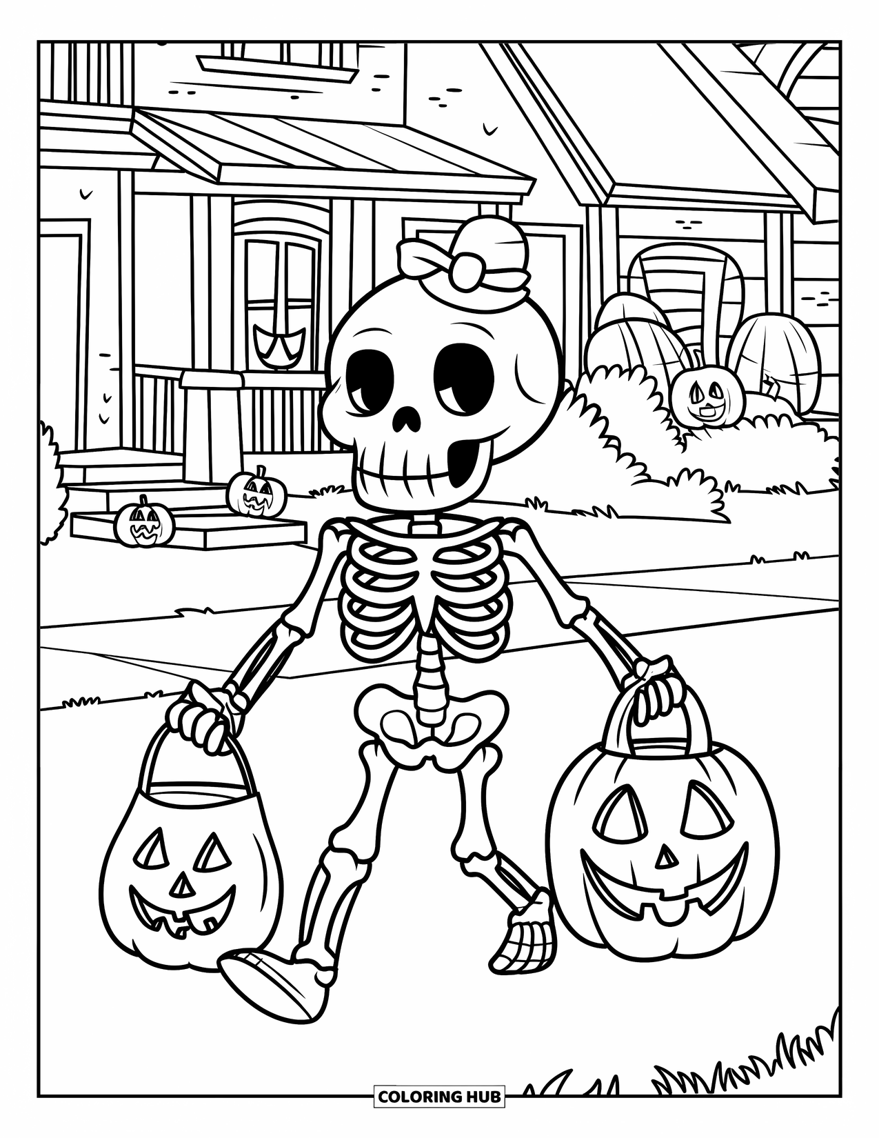 Skeleton Coloring Page for Kids: Trick-or-treating skeleton with lantern and candy bag near pumpkin-decorated houses