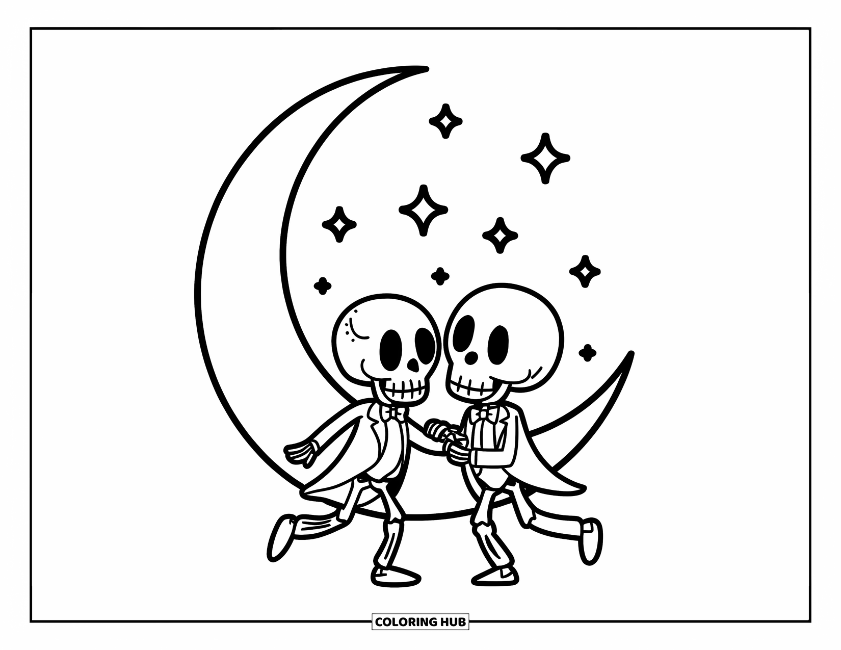 Skeleton Coloring Page for Kids: Tuxedoed skeletons dancing hand-in-hand beneath the stars