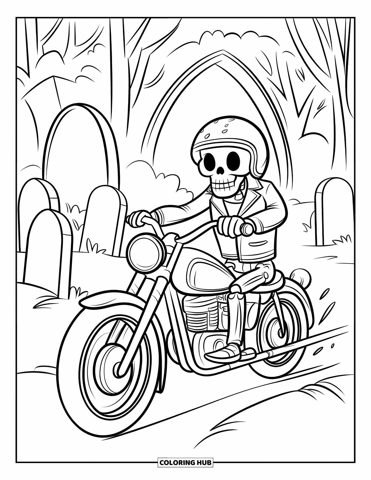 Skeleton Coloring Page for Kids: Vintage motorbike-riding skeleton in a graveyard with twisted trees