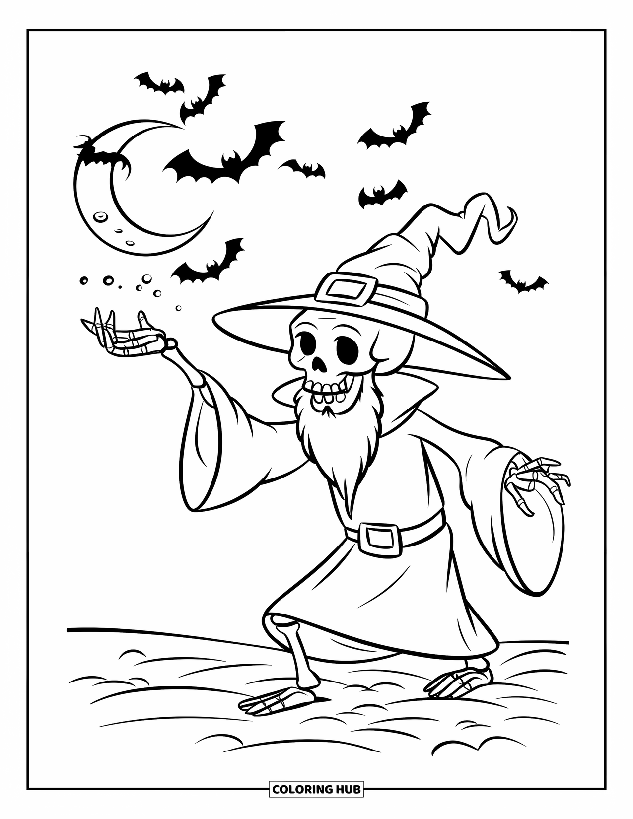 Skeleton Coloring Page for Kids: Wizard skeleton summoning magic with bats and a dark sky