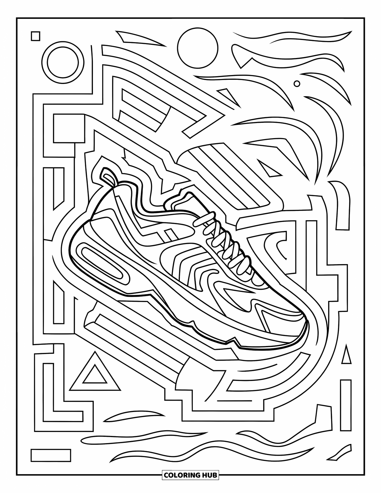 Sneaker Coloring Page for Adults: A bold sneaker sits at the center of a swirling maze filled with shapes