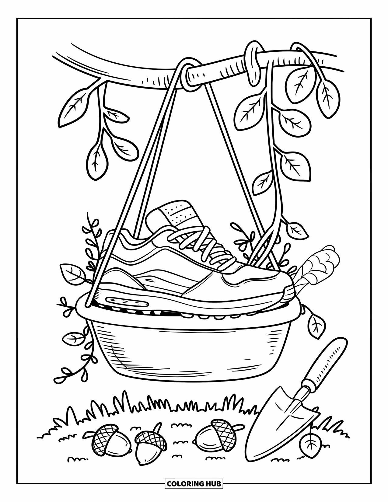 Sneaker Coloring Page for Adults: A cute sneaker hangs in a vine-covered pot with tools and acorns around the base