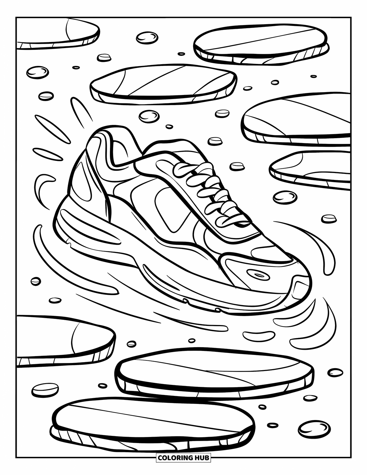 Sneaker Coloring Page for Adults: A cute sneaker jumps over stones with motion swirls and bouncing pebbles below