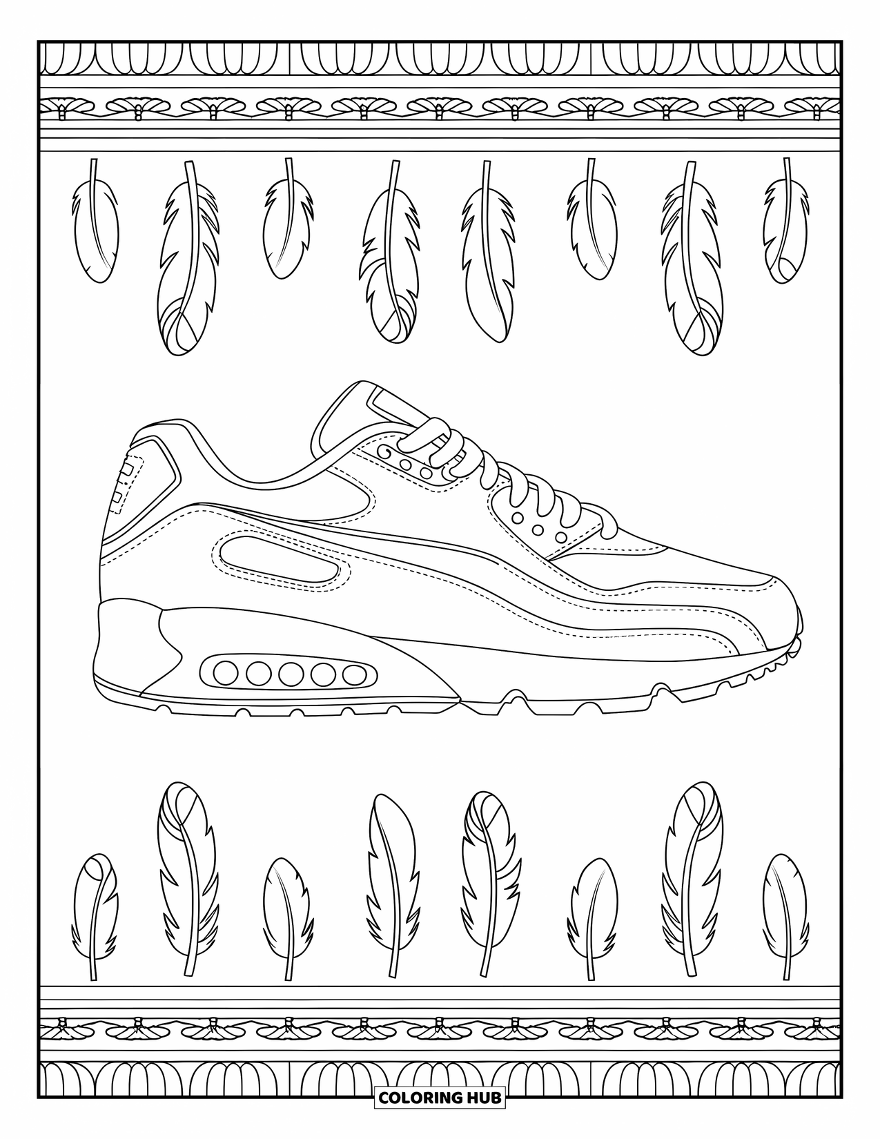 Sneaker Coloring Page for Adults: A detailed sneaker with panels and feathers sits in a decorative, pattern-filled scene