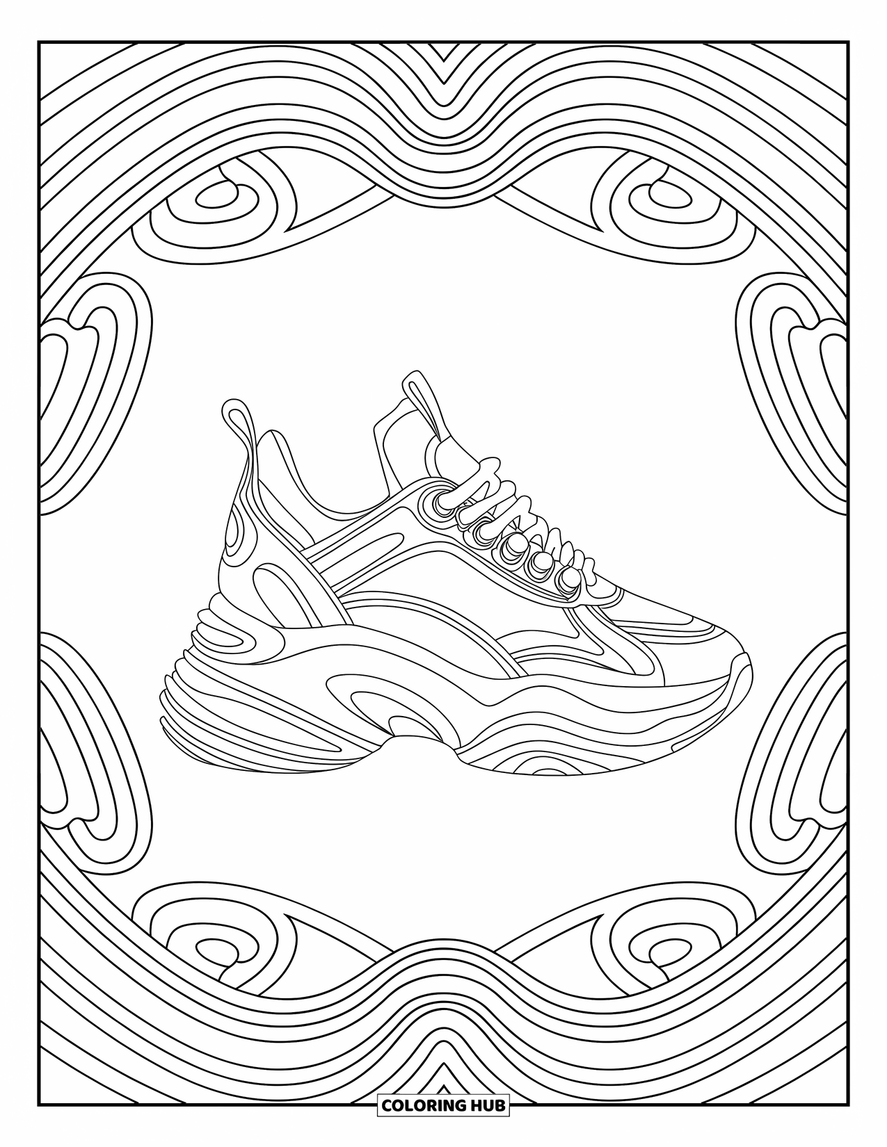 Sneaker Coloring Page for Adults: A fashionable sneaker stands out with patterned rings wrapped around it