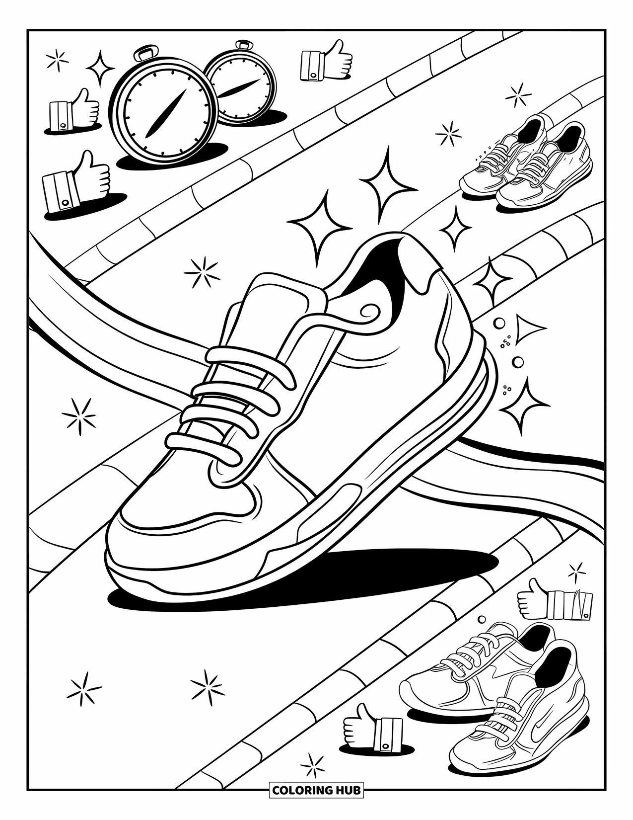 Sneaker Coloring Page for Adults: A friendly sneaker crosses a finish line with stars, clapping sneakers, and tiny cheers