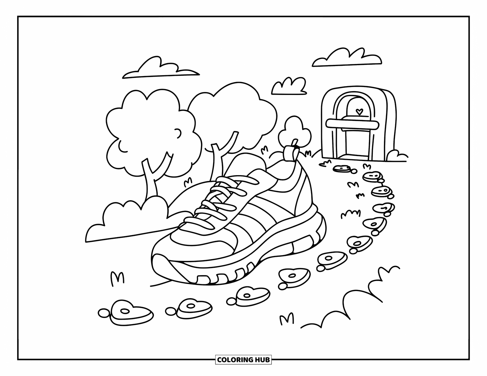 Sneaker Coloring Page for Adults: A jogging sneaker runs along a trail of heart and circle footprints with puffy trees ahead