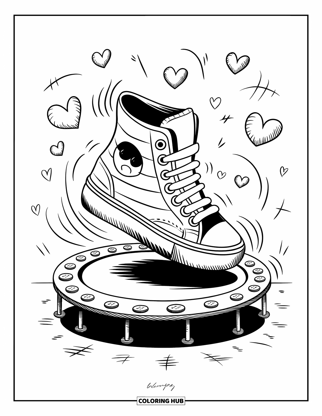 Sneaker Coloring Page for Adults: A smiling sneaker in a sweater leaps on a button trampoline with hearts and motion swirls