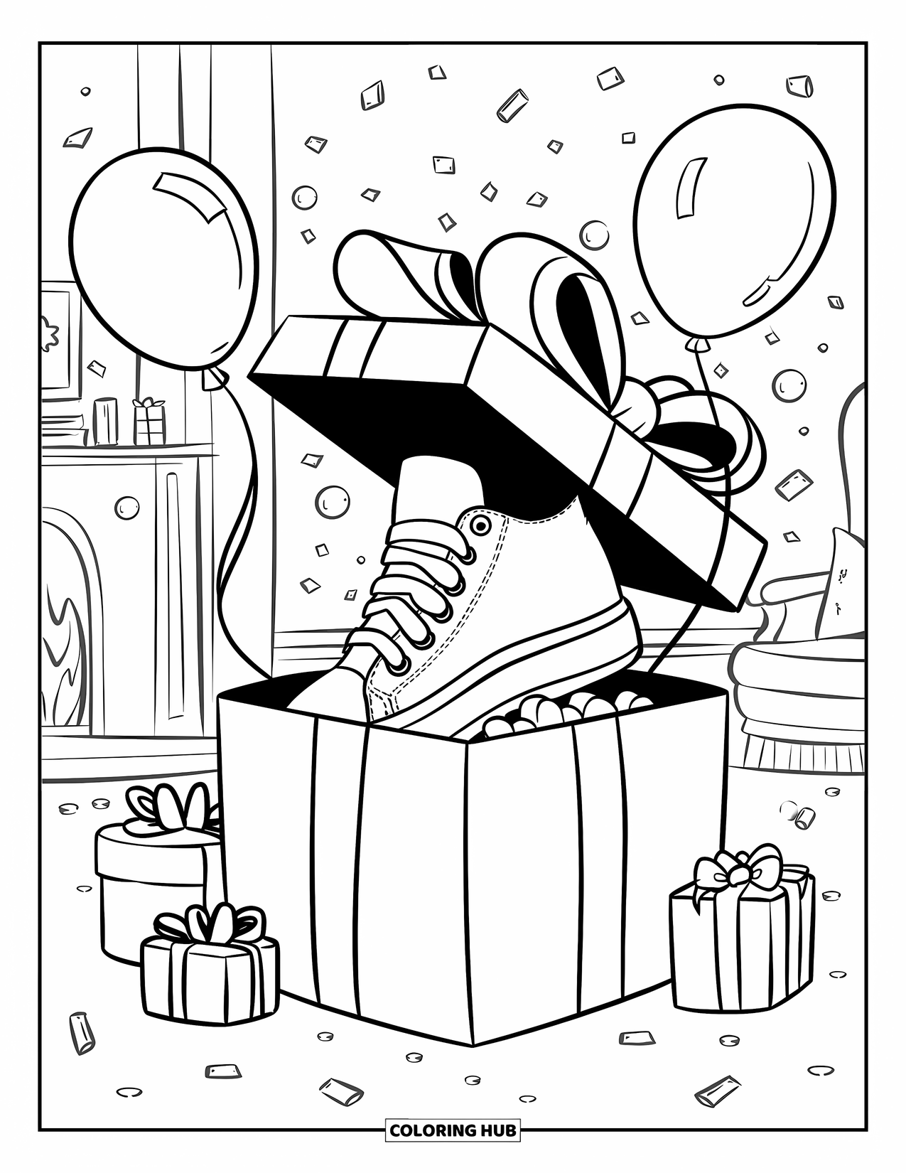 Sneaker Coloring Page for Adults: A sneaker in a gift box smiles among balloons, confetti, and wrapped presents by the fireplace